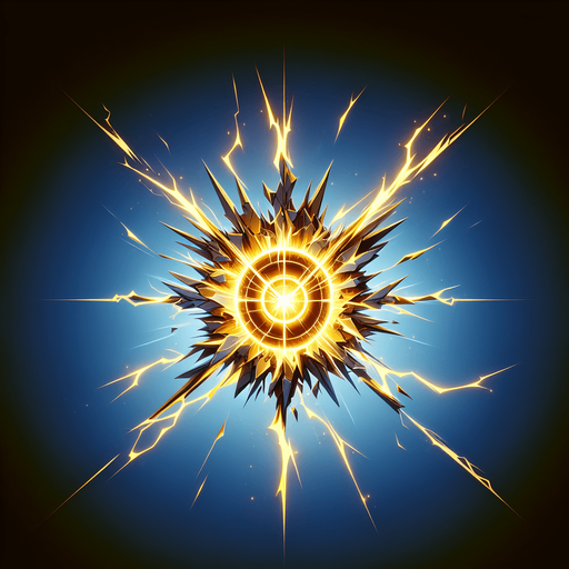 A more intense version of Power Surge. A fractured or exploding core shape at the center, emitting powerful, jagged energy waves (possibly in yellow or orange on top of blue). Could incorporate classic explosion symbol elements but rendered in the cybernetic style. Should look significantly more powerful than Power Surge..
Single Game Texture.  In-Game asset.  2d.  Blank background.  High contrast.  No shadows