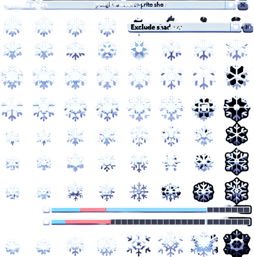 A sprite sheet of different snow flakes. Cartoon.
Single Game Texture. In-Game asset. 2d. Blank background. High contrast. No shadows.