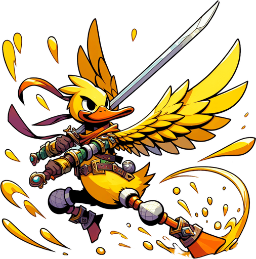 cartoon fantasy yellow duck warrior slash long sword movement.
Single Game Texture.  In-Game asset.  2d.  Blank background.  High contrast.  No shadows