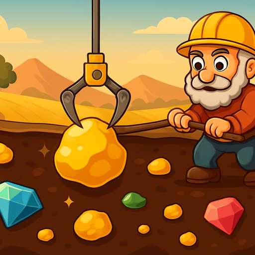 Fullscreen modern App Store landscape banner, 16:9, high definition, for a game titled "Gold Miner Classic" and with the description "Control a swinging claw to grab gold and gems from underground. Collect enough gold before time runs out to win each level.". No text on banner!