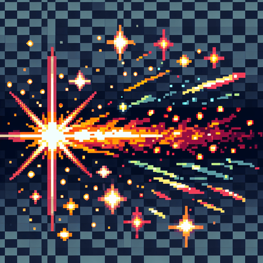 Create a series of pixel art images depicting a blaster shot. The blaster shot should be represented by a small, glowing projectile with a trail of smoke or sparks. The animation should consist of eight frames and loop continuously. Use a limited color palette of 16 colors or less, simple shapes and lines, and transparency for a seamless background. Employ standard pixel art techniques like dithering and anti-aliasing.
Bright flash, sizzling sound, swift arc, fading glow.