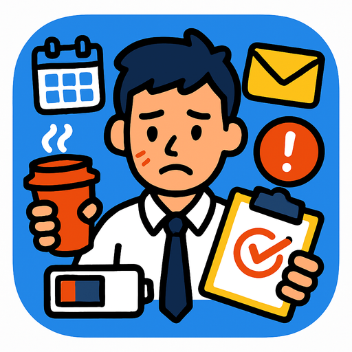 Modern App Store icon, high definition, square with rounded corners, for a game titled "FOMO Simulator: The Meeting That Could've Been An Email" and with the description "A fast-paced office simulator where you collect meetings, emails, and notifications while managing your energy levels. Strategic decisions must be made about which workplace items to prioritize as your energy depletes. Grab coffee for boosts, avoid missing important meetings, and survive the chaotic 60-second workday!". No text on icon!.
In-Game asset.  2d.  High contrast.  No shadows