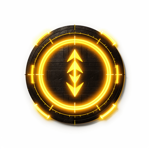Dark circular power up with three bright yellow arrows pointing upwards.
Game Texture. In-Game asset. 2d. Pixelart. White background. Blank background. Low detail. High contrast.