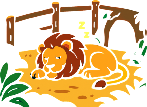 sleeping lion in a lion enclosure, jungle styled.
In-Game asset.  2d.  High contrast.  No shadows