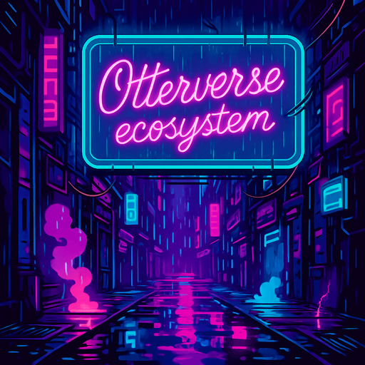 Create a rain-drenched neon alleyway with steam vents, flickering holoboards, and damp metal grates. One giant animated billboard reads ‘Otterverse ecosystem’ in glowing script. Include scattered cables, occasional sparks, and puddles that mirror the vibrant magenta and teal lights—character-free and coin-free..
In-Game asset.  2d.  High contrast.  No shadows
