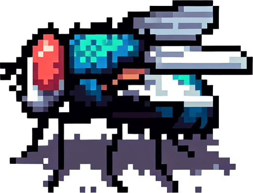2d pixsel art yandan görünüşlü bir sinek çiz.
Single Game Texture.  In-Game asset.  2d.  Blank background.  High contrast.  No shadows
