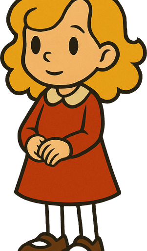 Cute little 7yo girl with blonde curly hair. Professor Layton game style 
In-Game asset.  2d.  High contrast.  No shadows