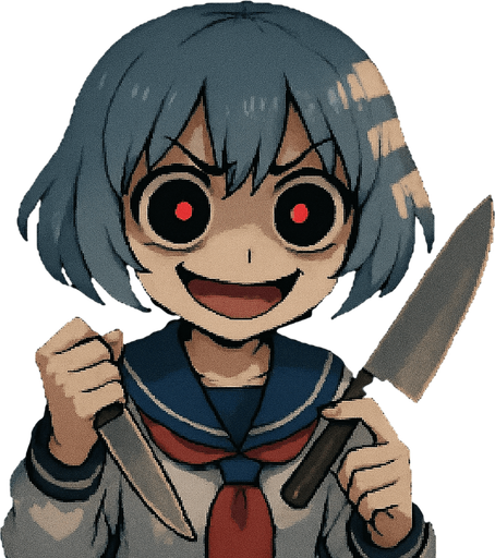Stella, a 15-year-old anime girl with short, soft hair in a bluish-gray tone (HEX: #b0b9d8), and large black eyes with oversized irises (super kawaii style), glowing with intense yandere red. She wears a traditional Japanese school uniform (classic sailor fuku). She is inside a Japanese school locker, with soft light coming through the ventilation slits, casting dramatic shadows on her face. Her eyebrows are furrowed in extreme anger, but she has a wide, creepy smile, like someone completely insane. Dark under-eye circles highlight her unhinged expression. Her right hand holds a butcher knife slightly raised, while her left hand gently touches the blade with her index finger, mimicking a clock hand motion. Visual style: highly detailed Pixel Art.