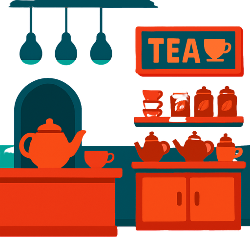 Make a tea shop background.
In-Game asset.  2d.  High contrast.  No shadows