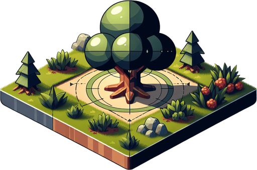 A tree in a rts style Single Game Texture. In-Game asset. 2d. Blank background. High contrast. No shadows.