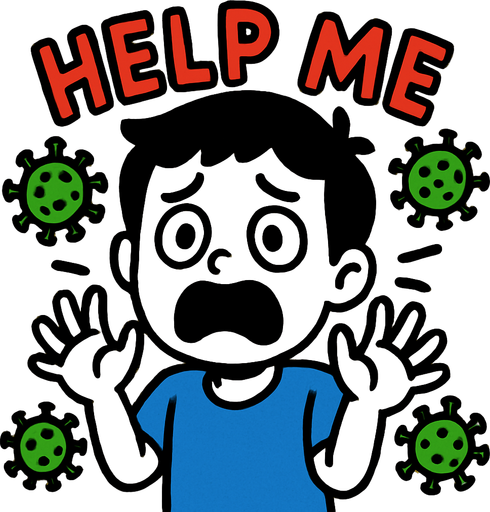 a scared kid from corona virus say help me.
In-Game asset.  2d.  High contrast.  No shadows