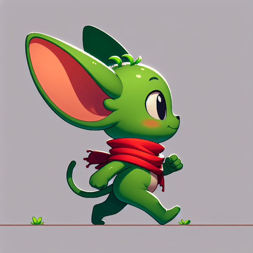Profile view of a mischievous little green grinch with a red scarf, big ears but no tail. Walking in the right direction. no background . no floor. In-Game asset. 2d. Blank background. High contrast. No shadows.