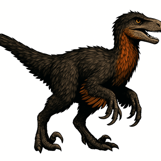 A large, realistic Utahraptor dinosaur covered in dense, shaggy feathers. The plumage is a mix of dark brown, black, and rusty orange along the neck and tail. It has long, powerful legs with a signature sickle-shaped claw on each foot, and feathered arms resembling wings. The head is narrow with a curved snout, sharp teeth visible, and piercing amber eyes. The long tail is covered in sleek feathers, giving balance and a bird-like appearance..
In-Game asset.  2d.  High contrast.  No shadows