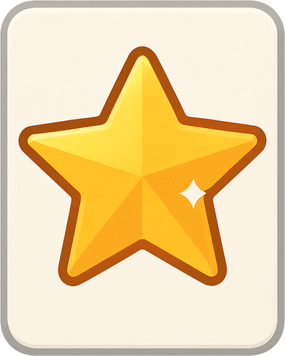 Lucky star in a white paper-card with rounded corners, front view..
In-Game asset.  2d.  No shadows