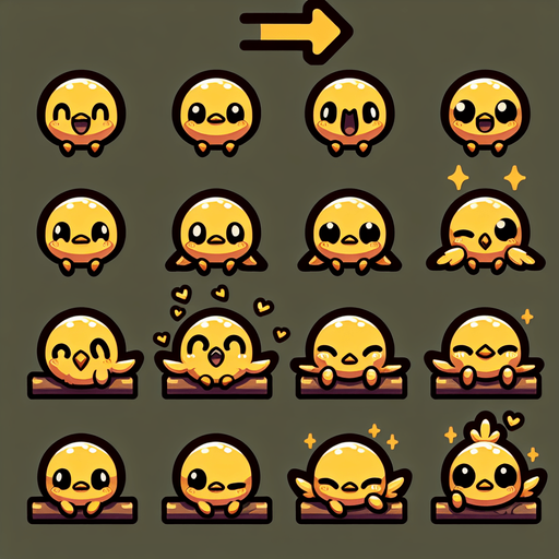 Spritesheet of a little yellow bird, sad and happy, sitting and flying..
Single Game Texture. In-Game asset. 2d. Blank background. High contrast. No shadows.