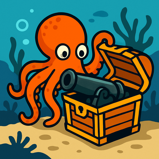 un pulpo naranja abriendo un cofre del tesoro donde encuentra en el fondo marino dentro de ese cofre un cañon nergro donde.
In-Game asset.  2d.  High contrast.  No shadows