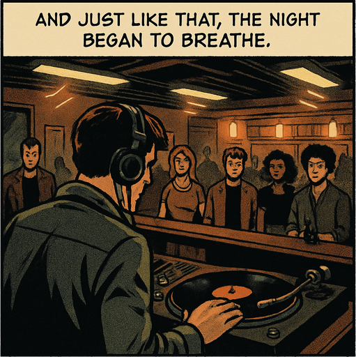 A comic panel styled like a square photo print with a clean white border. Realistic comic art. Scene: Over-the-shoulder view of Noah at the booth, the crowd in the bar small but curious. One hand on the vinyl, lights begin to flicker rhythmically. Narrator box at the top reads: “And just like that, the night began to breathe.”.
In-Game asset.  2d.  High contrast.  No shadows
