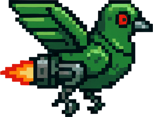 Pixel art of a smaller robotic pigeon with jet wings and a streamlined shape. Fast enemy type in a 2D arcade game. Side view, green metal feathers.
In-Game asset.  2d.  High contrast.  No shadows