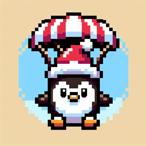 cute chubby angry parachuting penguin wearing a santa hat. pixelated. 8 bit. Single Game Texture. In-Game asset. 2d. Blank background. High contrast. No shadows.