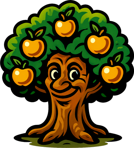 Yüzü olan bir ağaç altın elmalar var.
In-Game asset.  2d.  High contrast.  No shadows