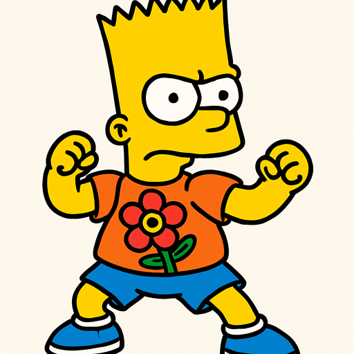 Bart in a fighting pose with a flower's head in his shirt.
In-Game asset.  2d.  High contrast.  No shadows