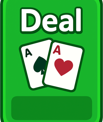 A rectangular green button with 2:3 ratio. Rounded corners. The word ‘Deal’ at top with a couple of small playing cards underneath. Blank area at the bottom. 
In-Game asset.  2d.  High contrast.  No shadows