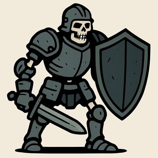 kalkanlı zırhlı iskelet.
In-Game asset.  2d.  High contrast.  No shadows