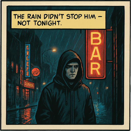 A comic panel styled like a square photo print with a clean white border. Realistic comic art. Scene: A rainy city street at night, neon signs reflecting on wet pavement, Noah stands under a flickering bar sign, hood up, looking uncertain. Narrator box at the top reads: “The rain didn’t stop him — not tonight.”.
In-Game asset.  2d.  High contrast.  No shadows