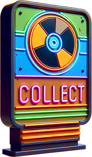 retro sign with the word collect and a datadisk symbol in neon colors...
Single Game Texture. In-Game asset. 2d. Blank background. High contrast. No shadows.