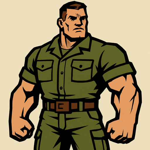 2d strong man wearing a uniform of military without helmet and looking strong.
In-Game asset.  2d.  High contrast.  No shadows
