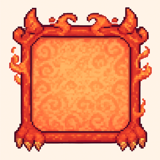 A square pixel art character selection frame inspired by a cute baby dragon. The frame includes fantasy elements like tiny dragon horns on the top corners, small claws at the bottom, and subtle flame or smoke decorations curling around the edges. The background inside the frame should have a soft and decorative texture, matching the baby dragon theme, using soft red, orange, and golden tones. The character will be placed on top of this frame later, so leave the center visually calm and not too detailed. The frame should be viewed from the front and designed for a 2D game UI..
In-Game asset.  2d.  High contrast.  No shadows. pixel art. front view. fantasy. cute. retro. pastel colors. ui element