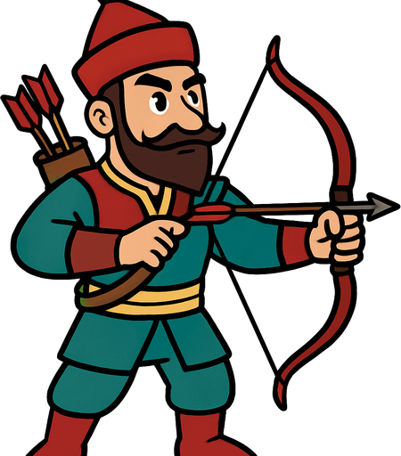 animasyon Çizgi dizi tarzında bir Osmanlı okçusu.
In-Game asset.  2d.  High contrast.  No shadows