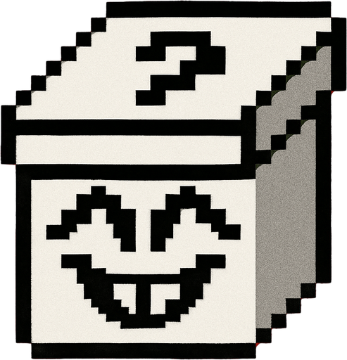 Una caja sorpresa cerrada en blanco y negro pixeleado en 16x16 pixeles, en la caja hay un dibujo de unos ojos y sonrisa de Jevil de deltarune. el fondo de la imagen es de color rojo