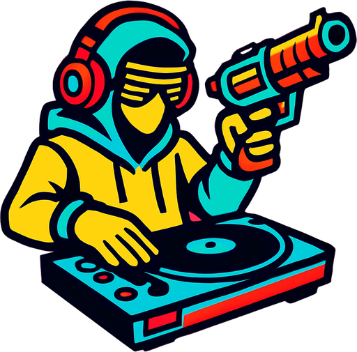 DJ with blaster.
In-Game asset.  2d.  High contrast.  No shadows