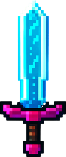 Diseña una espada estilo pixel art, sencilla pero llamativa. Debe ser fácil de animar o colocar junto a un personaje. El mango debe ser corto y simple, y la hoja puede ser recta o con un brillo digital. Usa colores llamativos como azul neón, rojo fuego o plateado con detalles pixelados. El diseño debe parecer futurista o mágico, como si fuera un arma especial de un guerrero digital..
In-Game asset.  2d.  High contrast.  No shadows