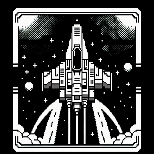 Spaceship like in galaga.
Single Game Texture. In-Game asset. 2d. Blank background. High contrast. No shadows. Straight up and down. Seen from above.