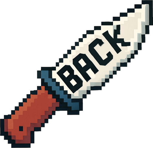 un cuchillo hecho con pixeles que tenga escrito back.
In-Game asset.  2d.  High contrast.  No shadows
