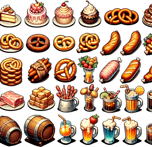 A spritesheet full of different delicious medieval cakes, snacks, pretzels, sausages, hams, and beverages..
Single Game Texture. In-Game asset. 2d. Blank background. High contrast. No shadows.