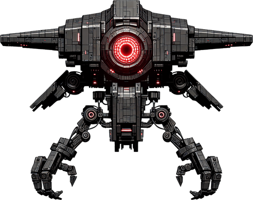Overhead view. A hovering robot with a tapered midsection with two bulky arms with claw like hands and a giant red “eye” on top of its body. Looking straight down. Cyberpunk, black with red glowing highlights..
Single Game Texture. In-Game asset. 2d. Blank background. High contrast. No shadows.