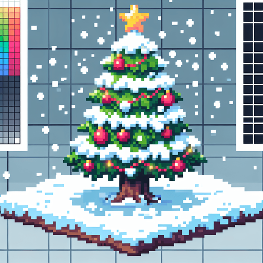 pixel art of a christmas tree covered in snow. Single Game Texture. In-Game asset. 2d. Blank background. High contrast. No shadows.