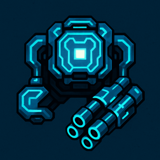 top-down view, small rapid-fire digital turret, multiple mini barrels, bright cyan glowing circuits, compact and fast look.
In-Game asset.  2d.  High contrast.  No shadows