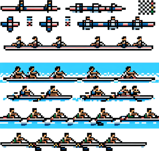 sprite sheet for a rowing olympic boat. the boats needs to be arranged organized for easy cropping. bird-view perspective. pixelated. 8-bit.
Single Game Texture. In-Game asset. 2d. Blank background. High contrast. No shadows.