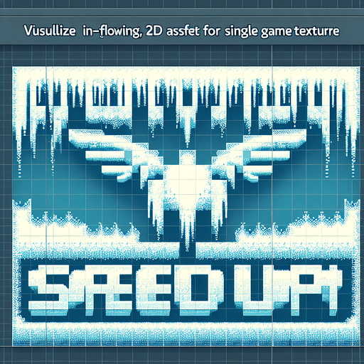 frosty text saying (SPEED UP).wings on the edges. pixelated. 8 bit. Single Game Texture. In-Game asset. 2d. Blank background. High contrast. No shadows.
