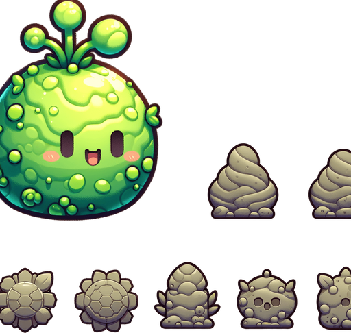 Un slime de planta RPG con estilo suave y simple.
Single Game Texture.  In-Game asset.  2d.  Blank background.  High contrast.  No shadows