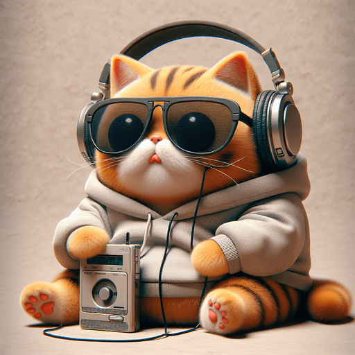 The character in the image transforms into a music-loving cat, retaining its cartoon-style appearance as an orange tabby with distinctive stripes. This cat's round face is now partially obscured by a large set of headphones, resting snugly over its big black eyes, which peek out just below oversized, round, dark opaque sunglasses. The headphones connect to a classic walkman, cradled in its paw, showcasing the cat's love for retro music vibes. Despite its prominent, exaggerated red pout shaped like a duck's bill, the cat seems even more relaxed and content as it loses itself in the melodies. Its body, smaller in proportion to its head, accentuates its adorable, chubby look, further emphasized by its simple, light-colored hoodie with a drawstring. Sitting with paws in front and a walkman in hand, the cat's relaxed posture now takes on a rhythm of its own, embodying the blissful escapism found in music. This updated portrayal, merging playful charm with a passion for tunes, perfectly suits a mascot for music education apps or as a delightful character in children's stories about the joy and universal language of music..
Single Game Texture. In-Game asset. 2d. Blank background. High contrast. No shadows.