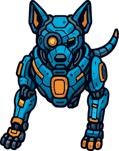 Perro ciborg visto desde arriba.
In-Game asset.  2d.  High contrast.  No shadows