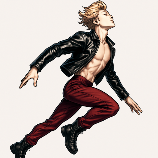 Swishy graceful man opposite arm and leg in front Cyberpunk manga, side profile view jumping pushing off the ground one leg extended one knee raises arms at sides loookkng skyward torpedo magic launching leap jump, shiny black leather biker jacket longsleeves shirtless Skinny abs blonde pompadour guy, wine red joggers combat boots, Background removed, "Full-body character, entirely in frame, no cropping of face, head, or feet" "Complete character visible, from head to toe, fully centered in the image" "Entire character, including face and boots, fully within the frame" Character fully contained within a square frame, no edges cut off fashion model idle pose