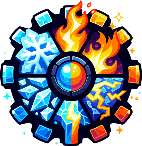 Elemental Gear Icon:
A gear made of multiple materials (fire, ice, lightning, and shadow) fused together, symbolizing crafting hybrid powers..
Colors: Vibrant orange, blue, yellow, and dark purple.