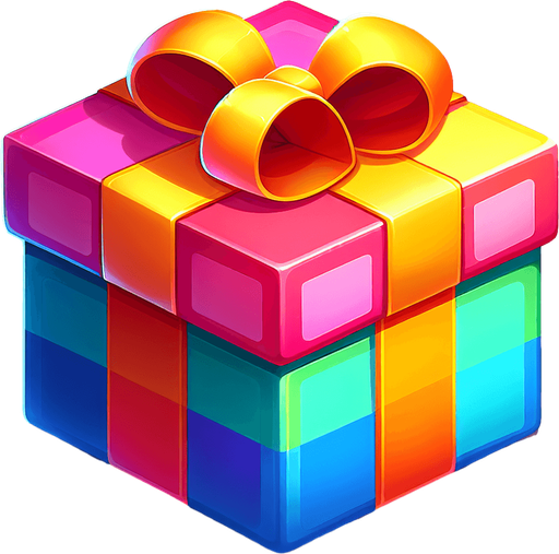 gift wrapped box, bright colours. with bow on top Single Game Texture. In-Game asset. 2d. Blank background. High contrast. No shadows. Single Game Texture.