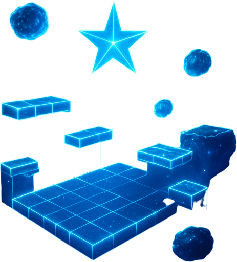3d hologram neon cyberpunk starlight magick galaxy overlay projection asteroid starfield Platforming magical dimension pathway level obstacle layout videogame